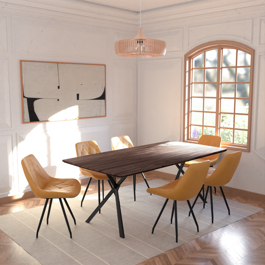 Real Wood Veneer Dark Walnut Berkeley 2M Dining Table with Velvet Brando Chairs Dining Set