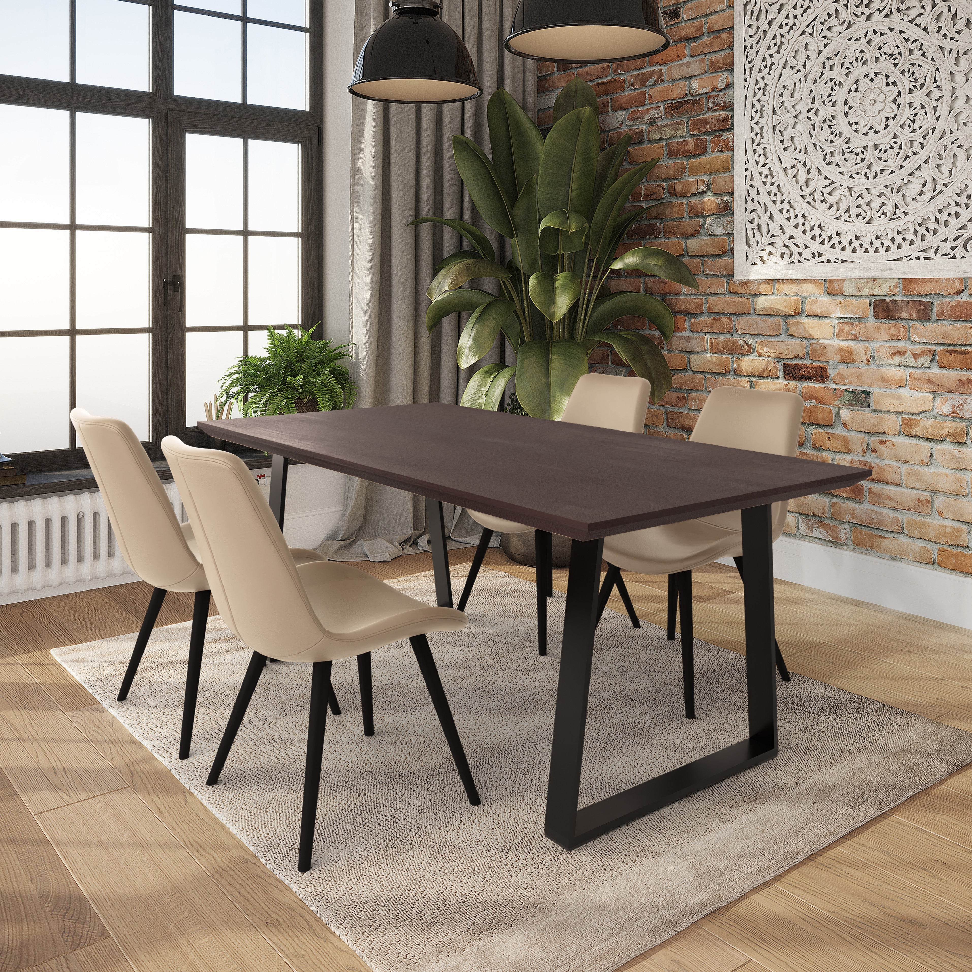 Real Wood Veneer Dark Walnut Ethan 1.8M Dining Table with Faux Leather Light Tan Elmo Chairs Set