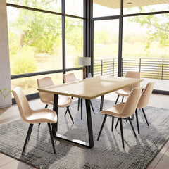 Real Wood Veneer Light Oak Ethan 1.8M Dining Table with 6 Faux Leather Light Tan Elmo Chairs Set