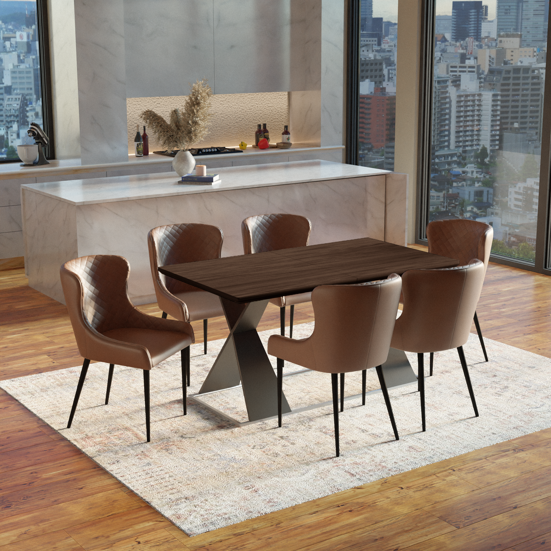 Real Wood Veneer Francisville 1.6/2.2M Extendable Dining Table with Dark Brown Faux Leather Rockport Dining Chairs Set