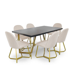 Black Wood Veneer Savannah Dining Table with 6 Cream Fabric Savannah Dining Chairs Gold Chrome Legs