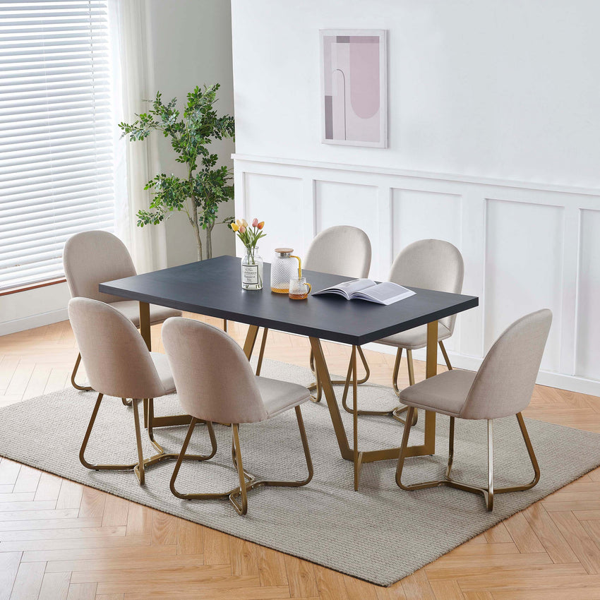 Black Wood Veneer Savannah Dining Table with 6 Cream Fabric Savannah Dining Chairs Gold Chrome Legs