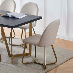 Black Wood Veneer Savannah Dining Table with 6 Cream Fabric Savannah Dining Chairs Gold Chrome Legs