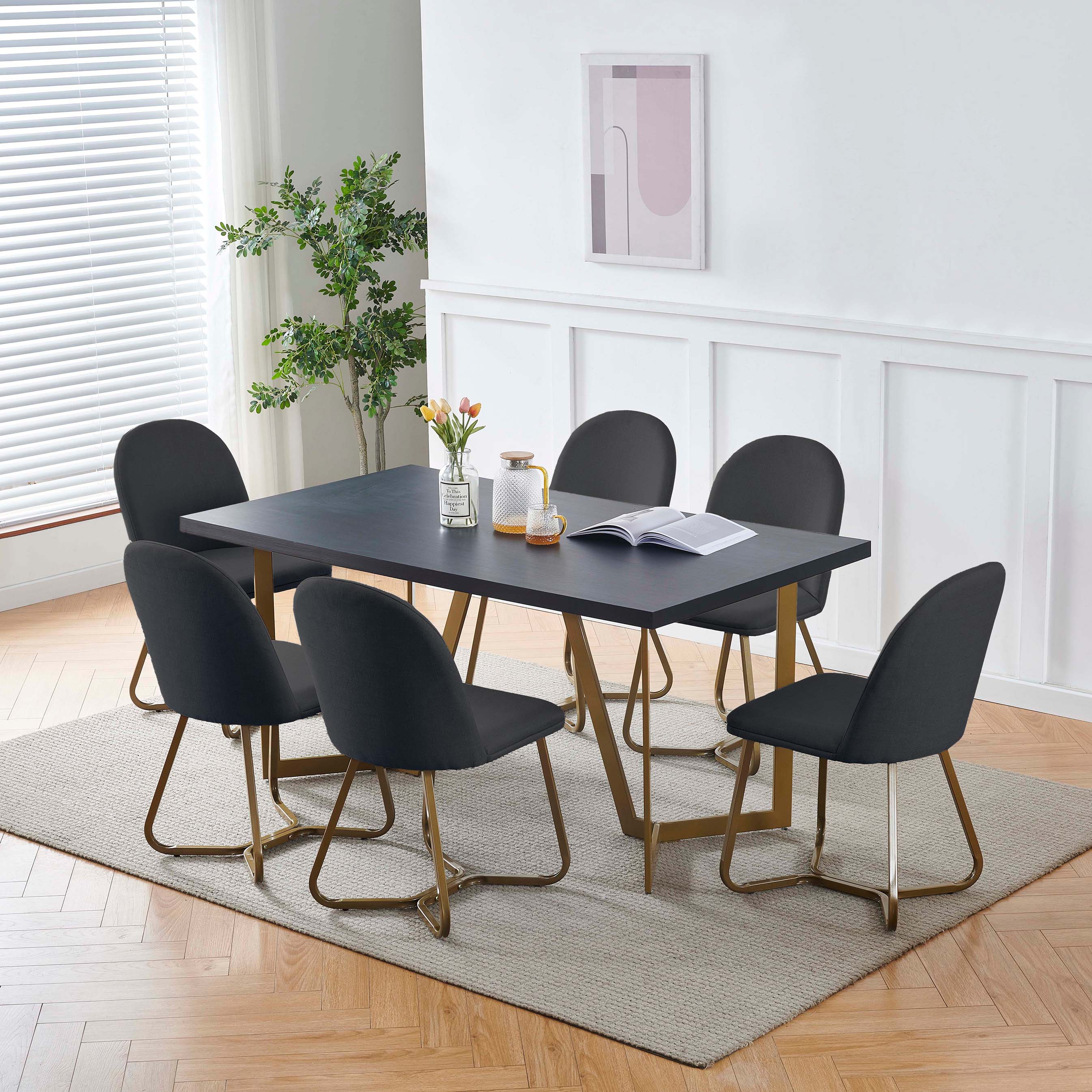 Black Wood Veneer Savannah Dining Table with 6 Black Fabric Savannah Dining Chairs Gold Chrome Legs