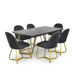 Black Wood Veneer Savannah Dining Table with 6 Black Fabric Savannah Dining Chairs Gold Chrome Legs